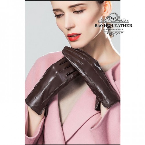 Găng tay nữ da cừu thật BHY8792 màu Nâu rượu vang