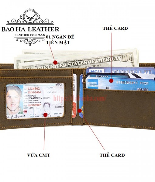 ví có 1 ngăn để tiền mặt và nhiều khe cài thẻ card