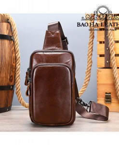 Túi đeo ngực nam da bò thật cao cấp BHM7592C Nâu cà phê