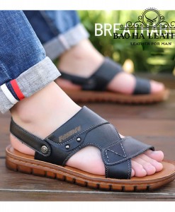 Dép nam quai hậu da bò thật BHD9808D Lót đệm matxa chân màu Đen